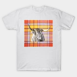 Tartan Highland Cow in Black and White T-Shirt